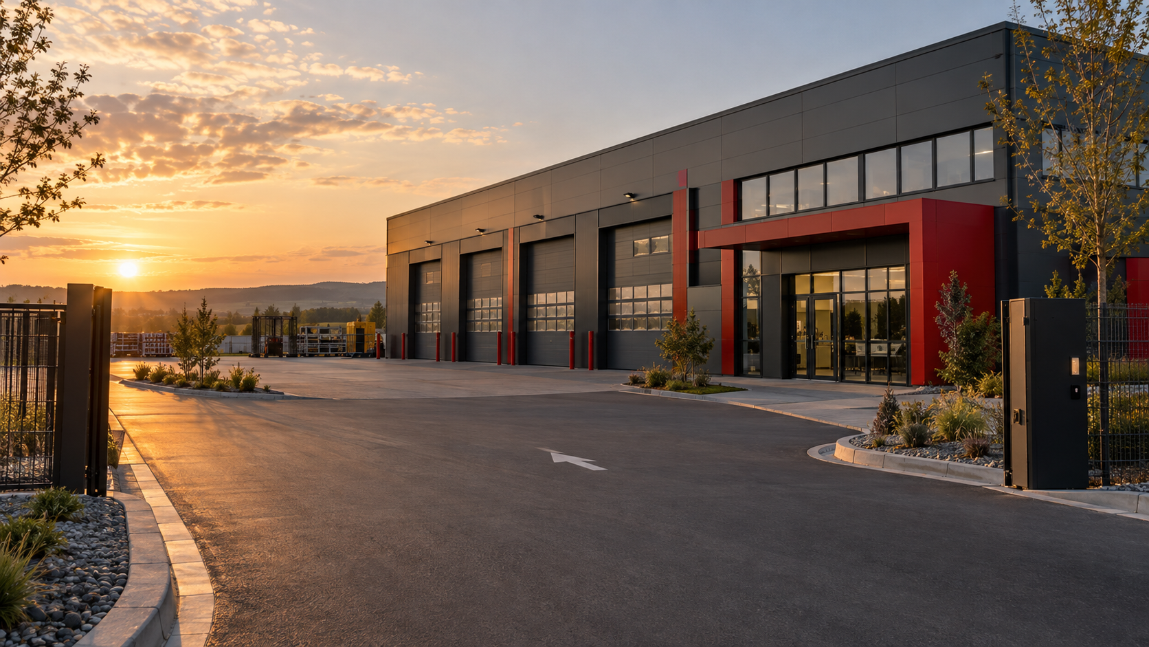 Industrial engineering workshop facility at golden hour