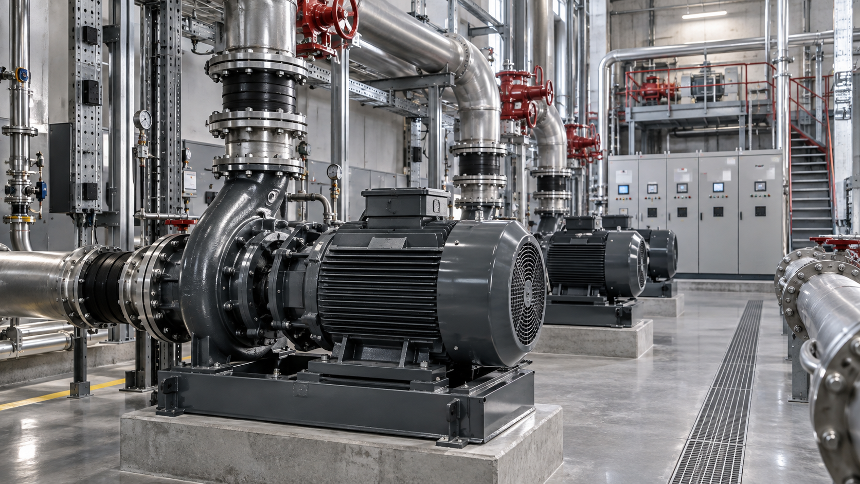 Industrial pumping station with motors, pipework and control equipment