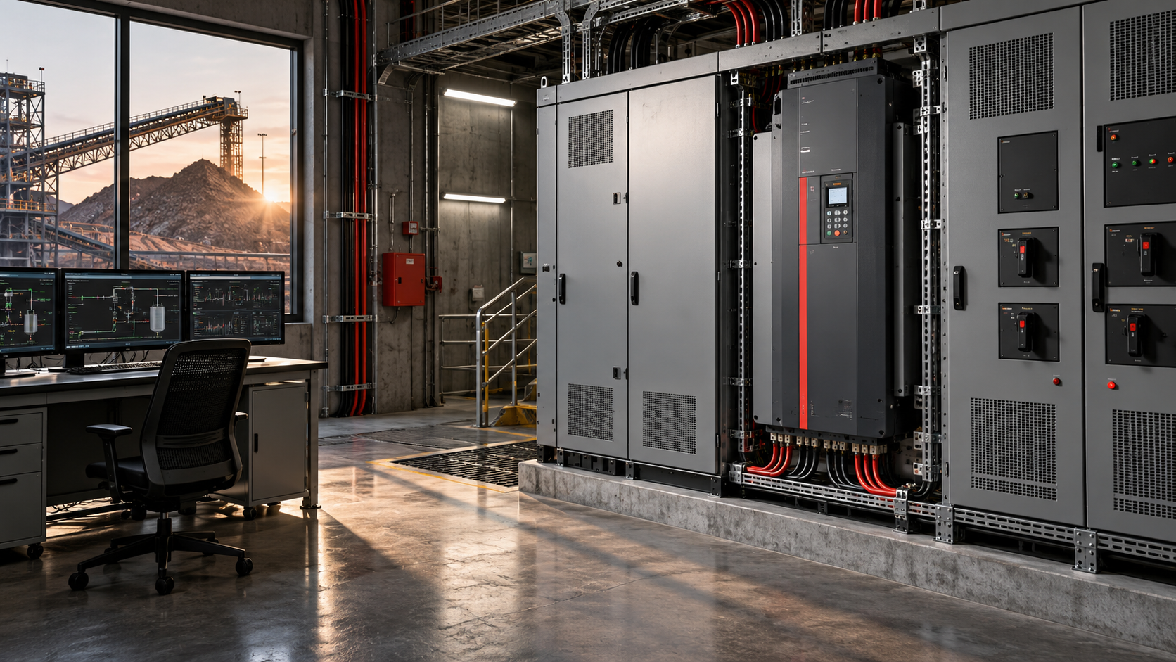 Industrial control room with variable speed drive cabinets