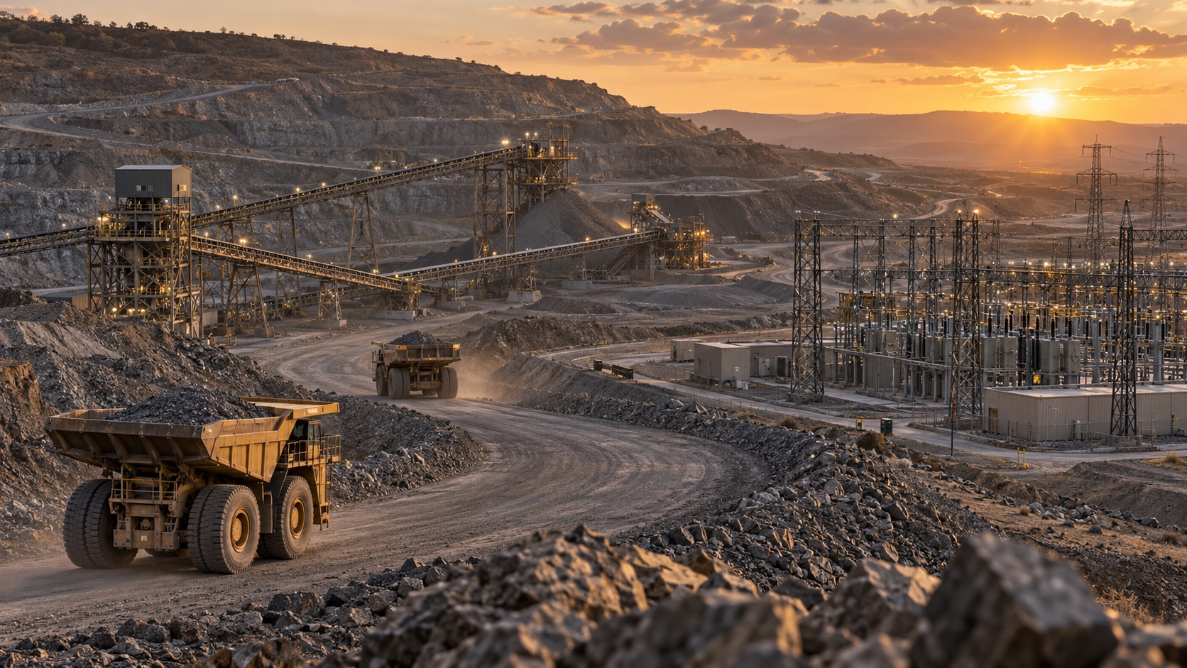 Open pit mine with heavy industrial electrical infrastructure