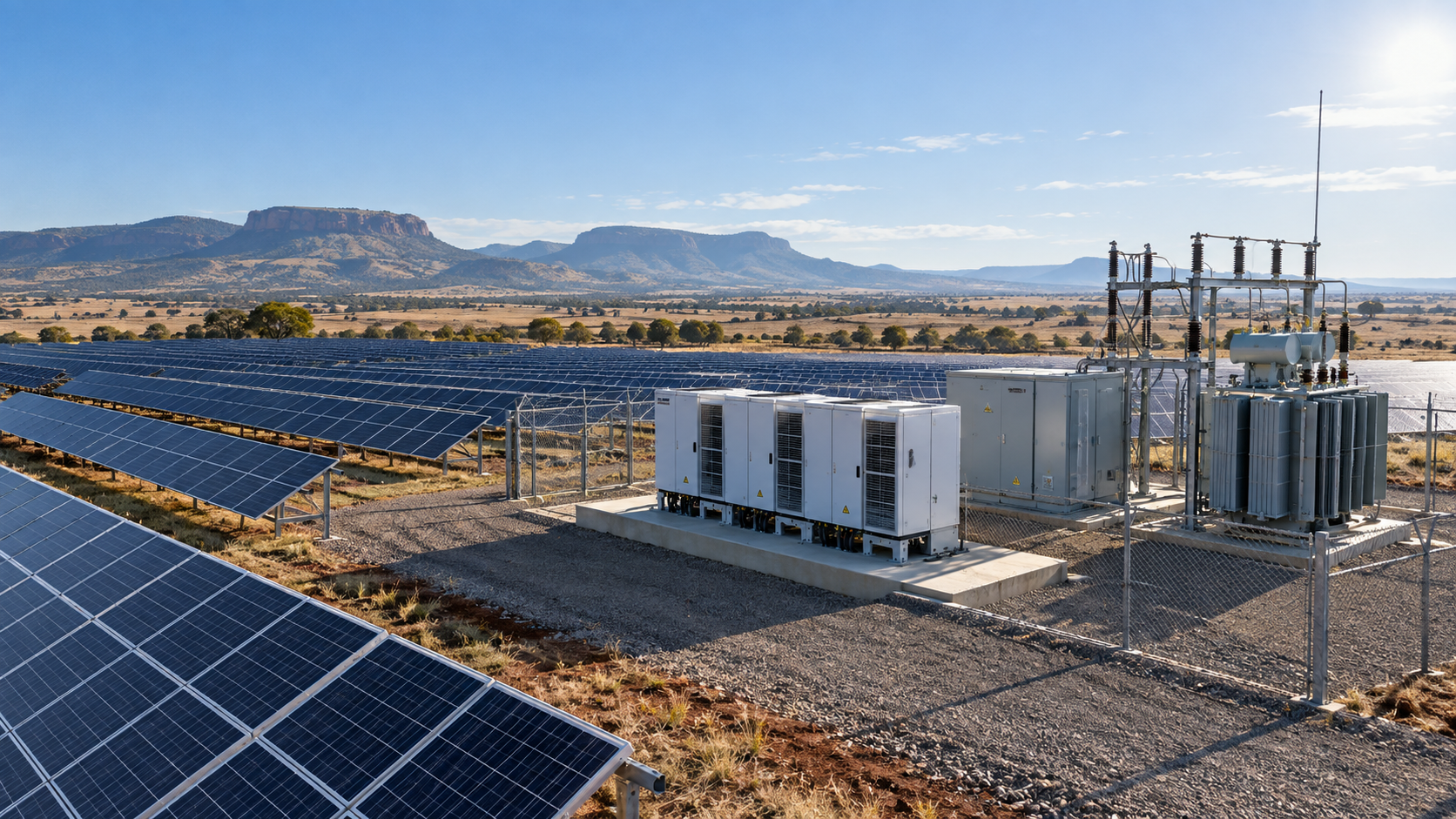 Utility-scale solar field with inverter and switchgear station