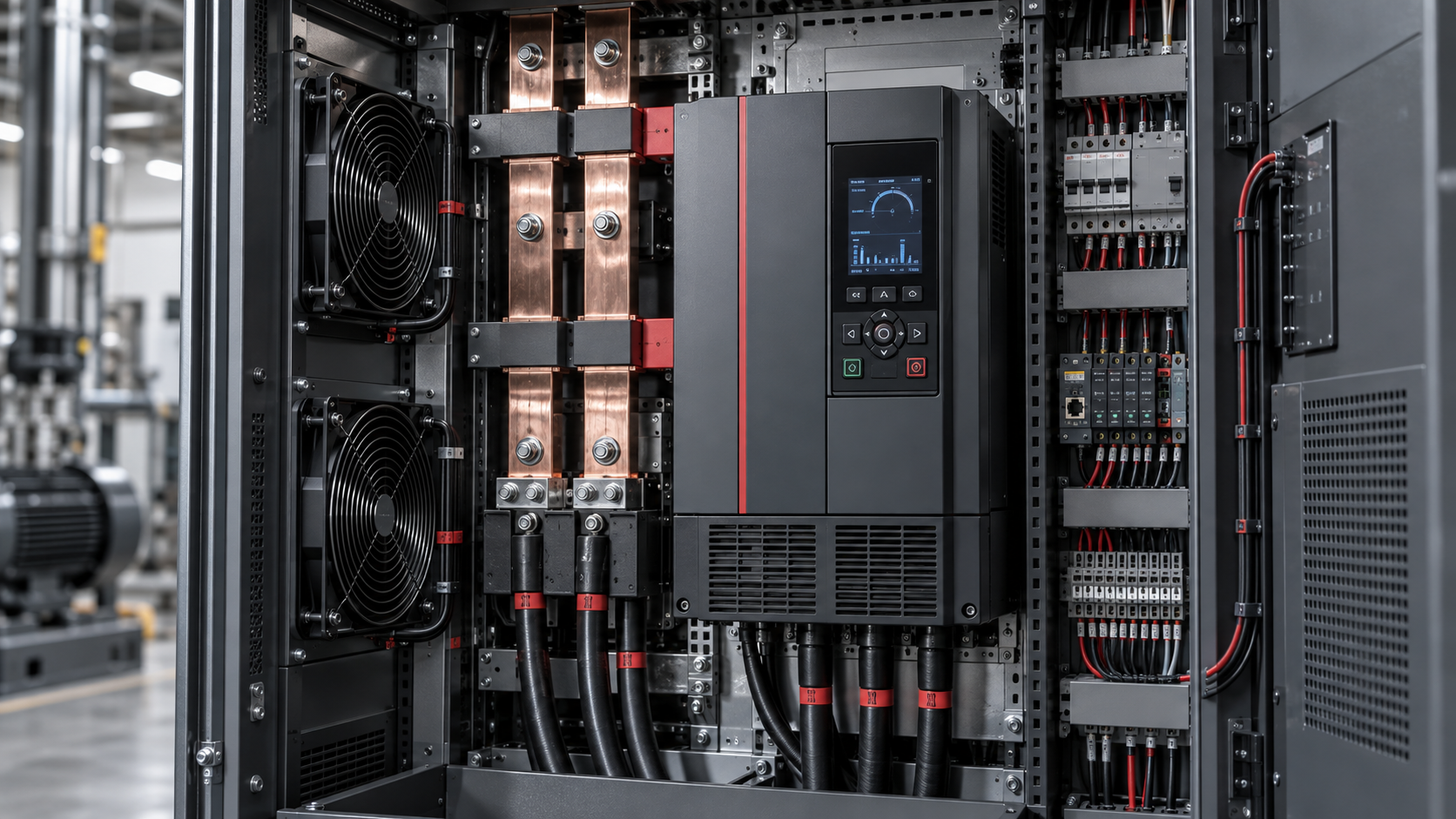 Variable speed drive cabinet with visible busbars and control terminals